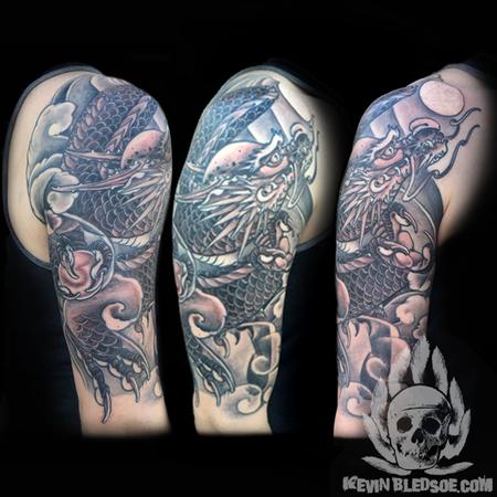Tattoos - Black n Grey Japanese Dragon Half Sleeve - 128297